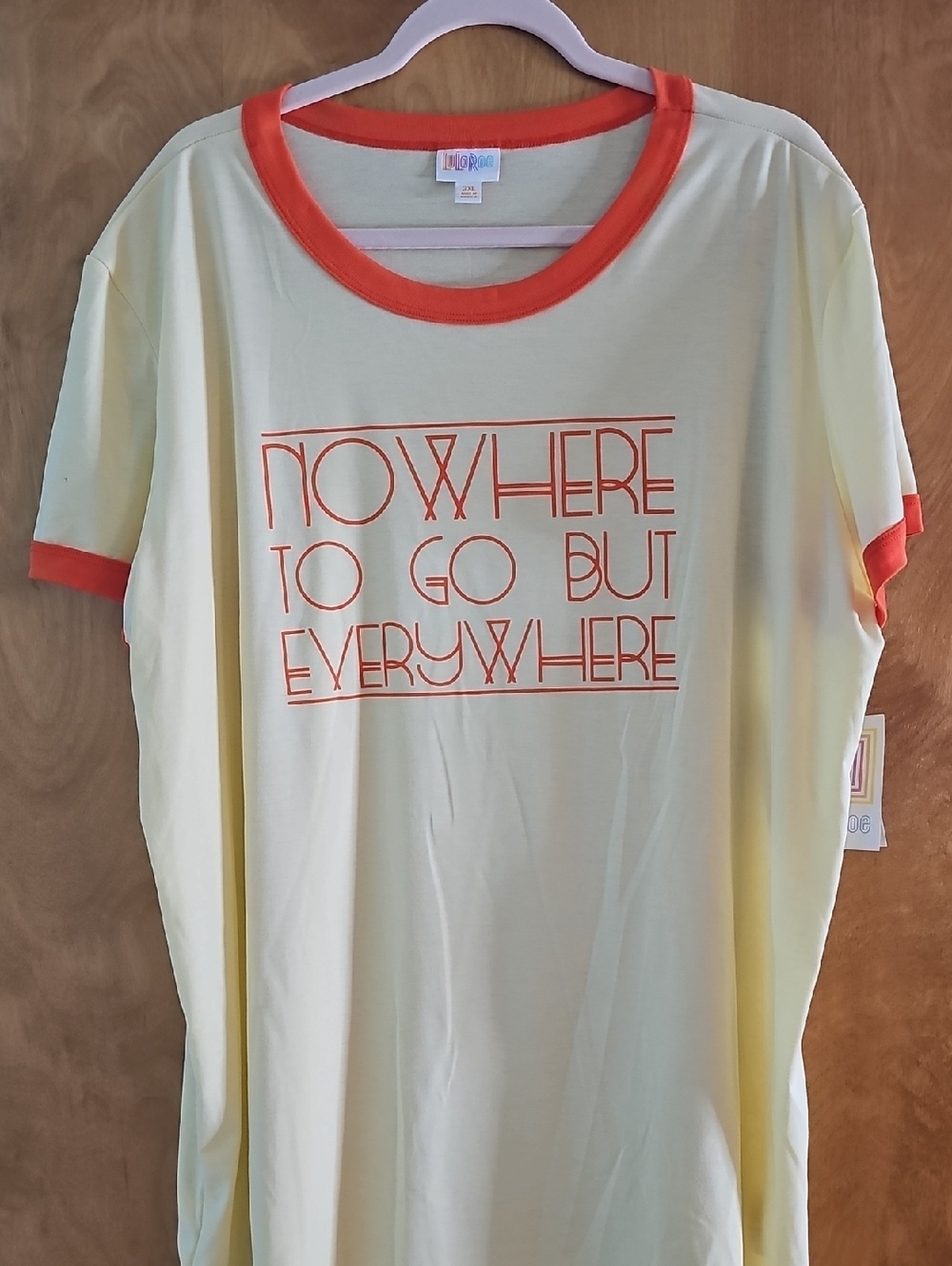 LuLaRoe Yellow Tee with Orange Trim & Rainbow Logo - Picture 1 of 5
